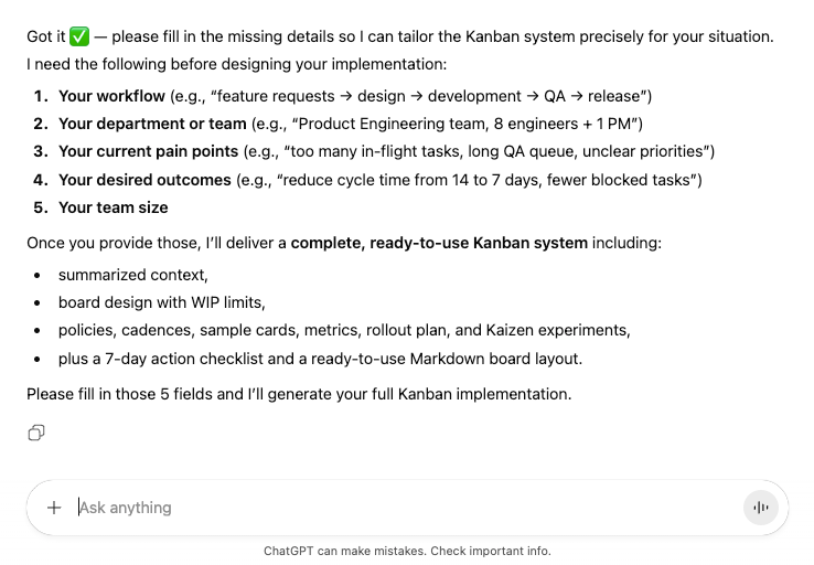 ChatGPT Prompt to Implement Kanban Methodology ChatGPT Prompt to Implement Kanban Methodology