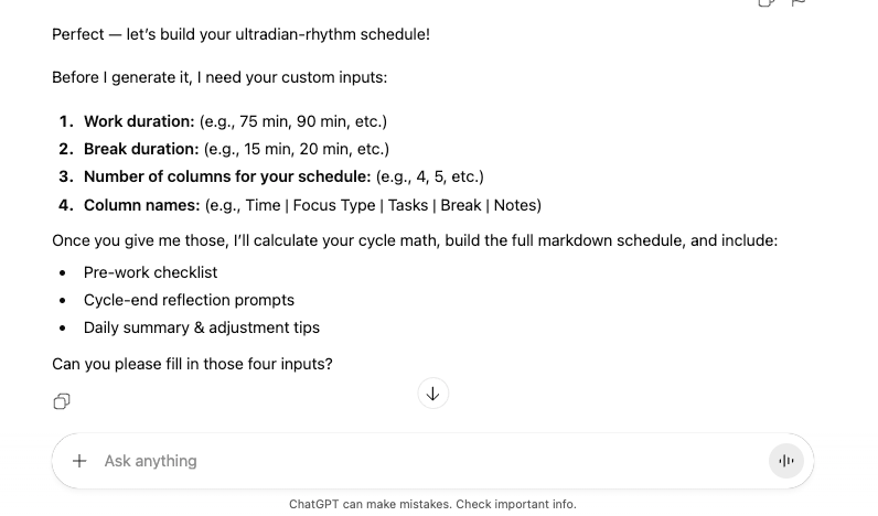 ChatGPT Prompt to Align Work with Ultradian Rhythm Work Cycles ChatGPT Prompt to Align Work with Ultradian Rhythm Work Cycles