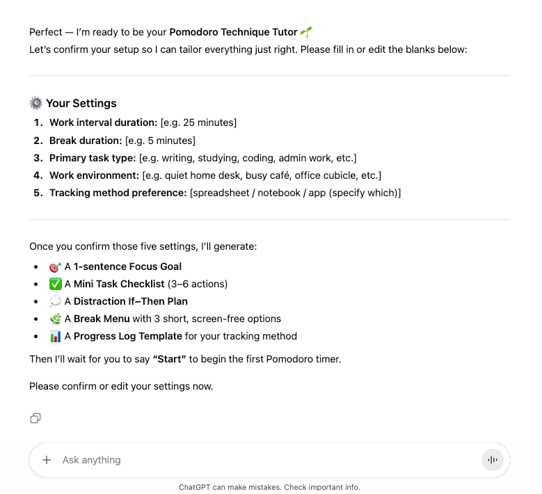ChatGPT Prompt to Practice the Pomodoro Technique for Focus ChatGPT Prompt to Practice the Pomodoro Technique for Focus