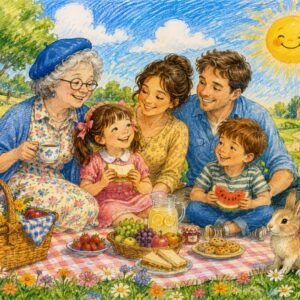 Crayon Style Family Meadow Illustration Prompt