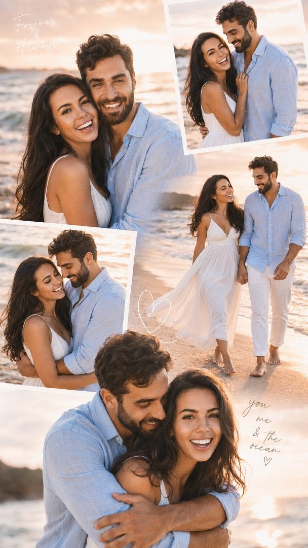 Romantic Beachside Couple Collage AI Prompt Romantic Beachside Couple Collage AI Prompt