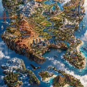 Ultra-Detailed United States Floating Island Map Poster Prompt