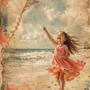 Vintage Beach Kite Girl AI Art Prompt